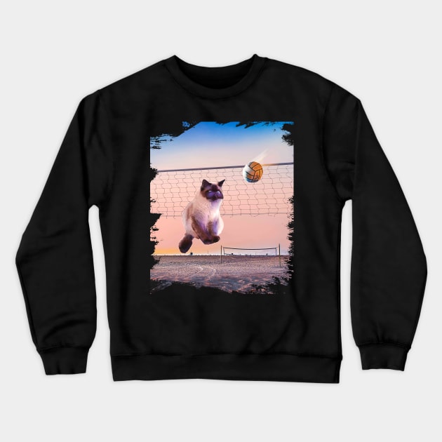 Siamese Cat Playing Beach Volleyball Crewneck Sweatshirt by Random Galaxy